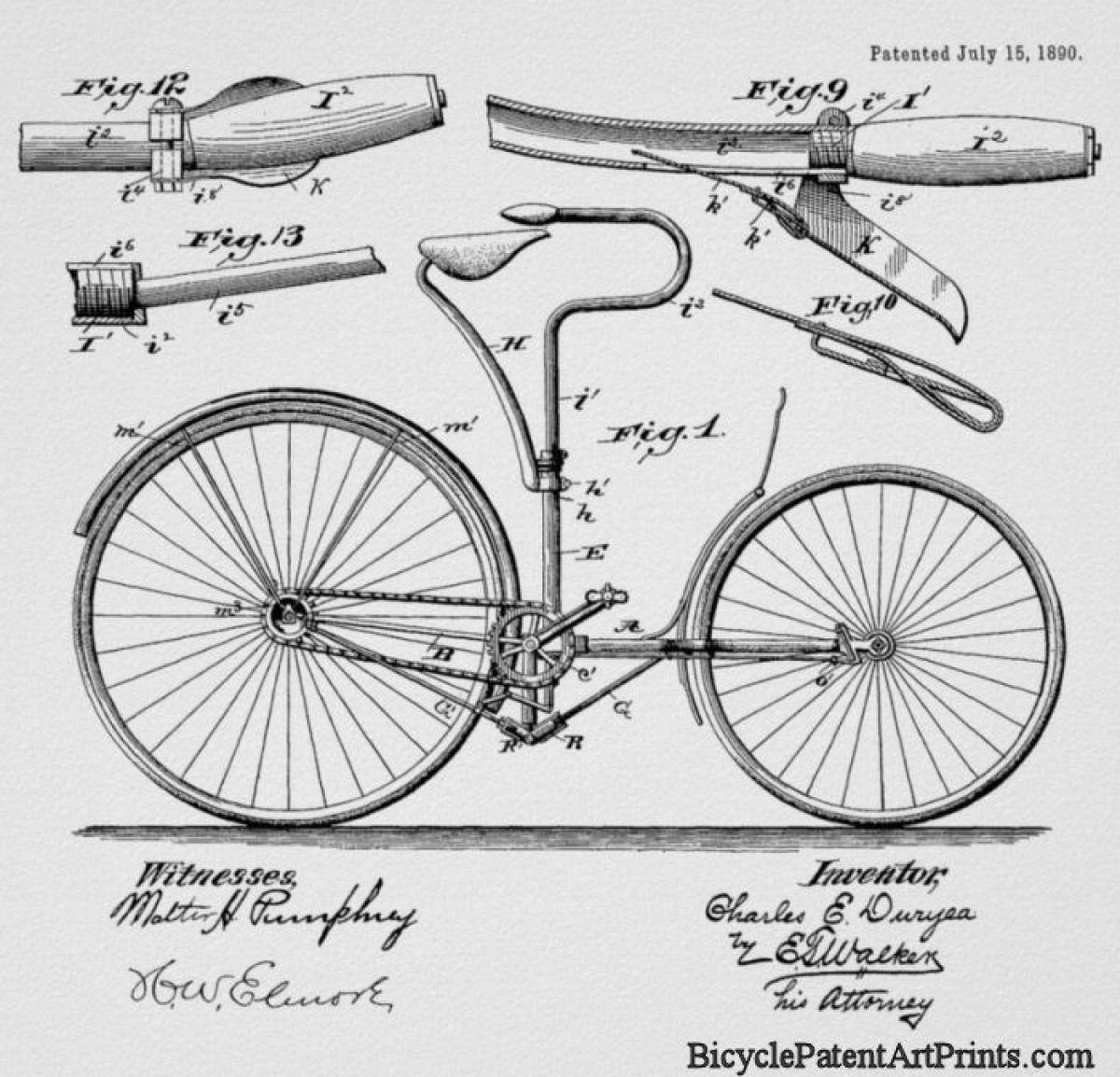 1890 Chain driven bike with close up on the handlebars and brake mechanism