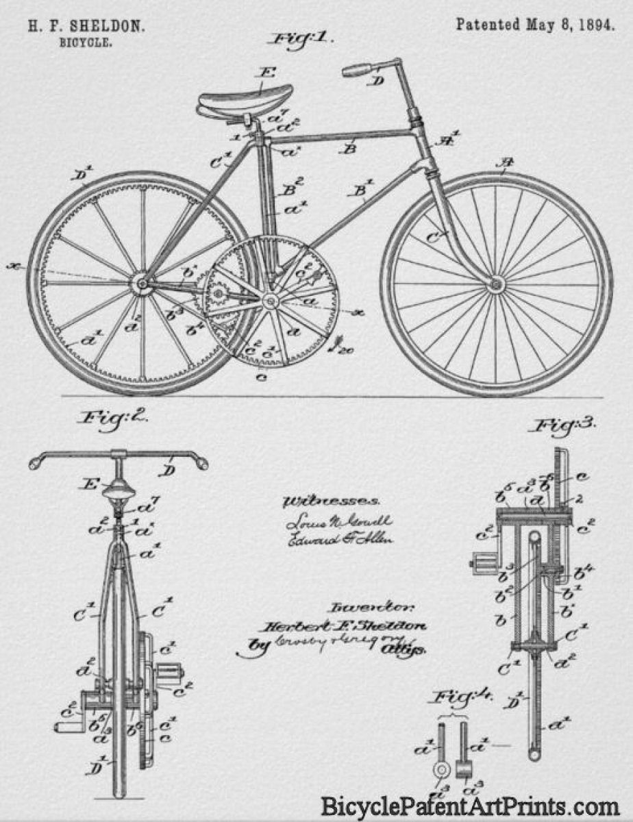 1894 Chainless gear to gear drive bike patent drawing