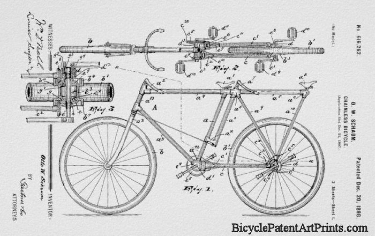 1898 Tandem shaft drive chainless bicycle