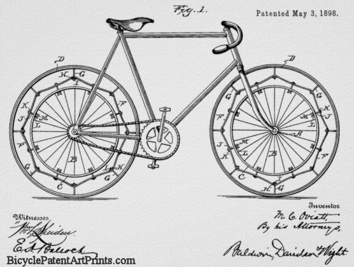 1898 bicycle wheels made of spring bands with an outer rim a tire of leather or solid rubber
