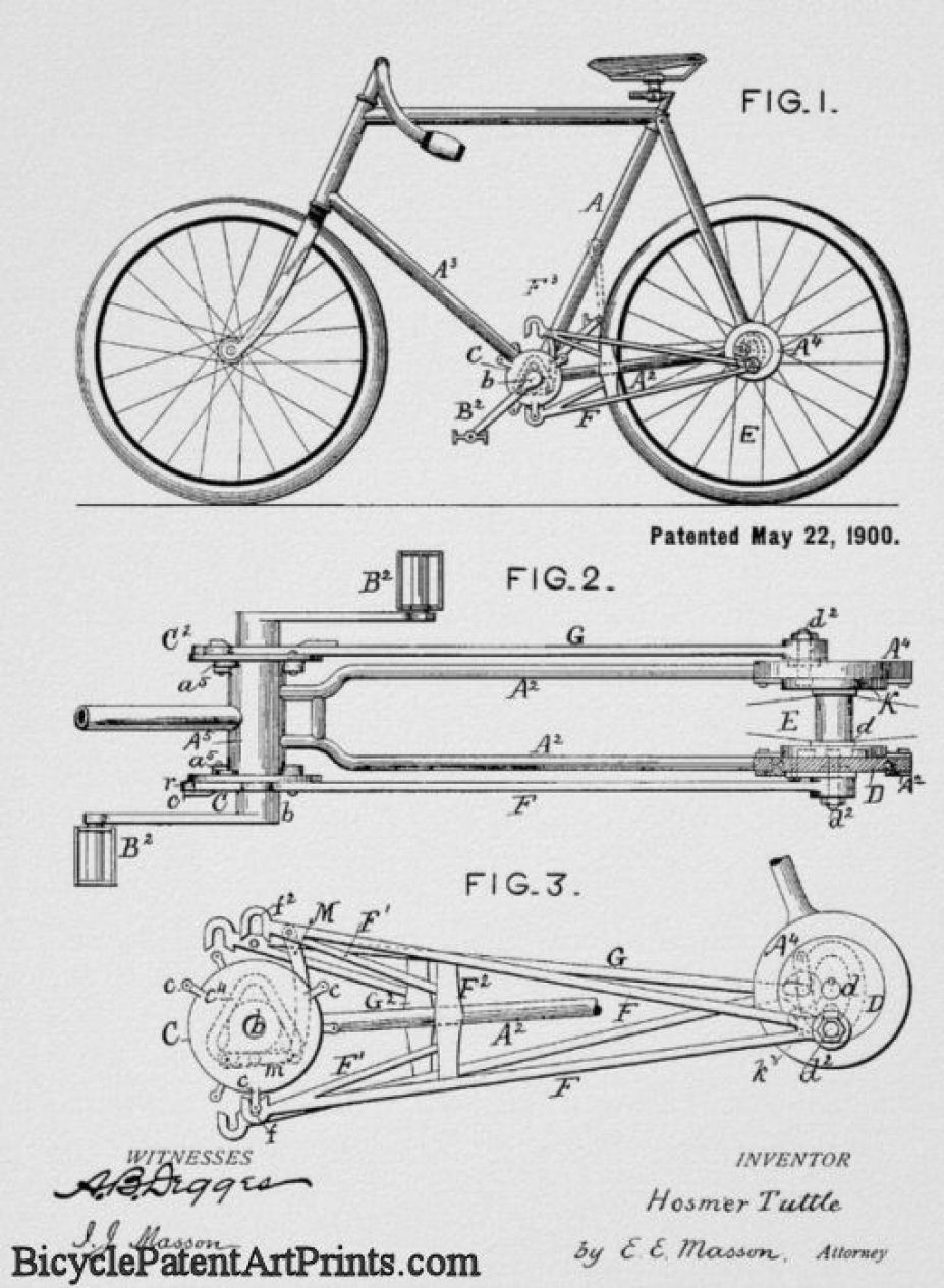 1900 Chainless lever propelled bicycle with close up on the gear drive