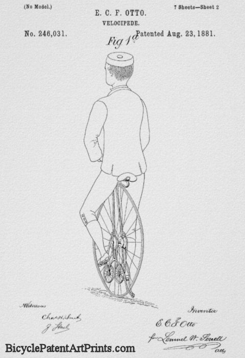 1881 Unicycle velocipede patent drawing