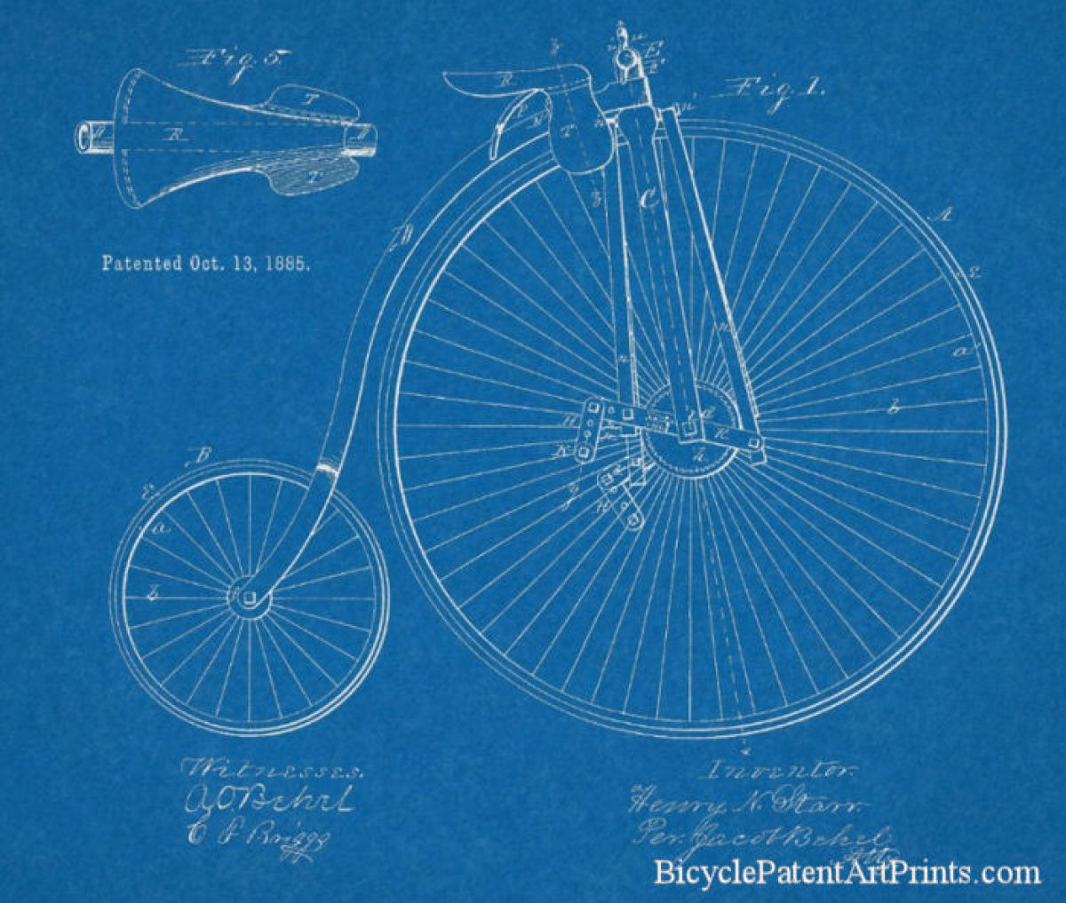 1885 Lever propelled bicycle with close up of seat saddle