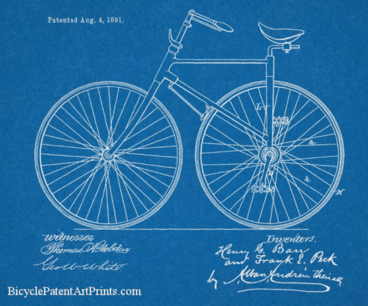1891 The pedals are attached to rear wheel bike patent drawing