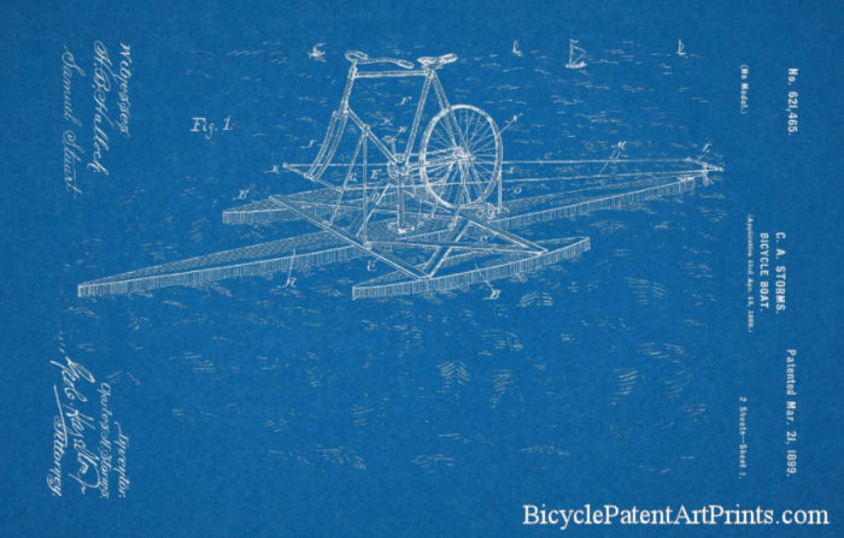 1899 Bicycle propelled boat on the water