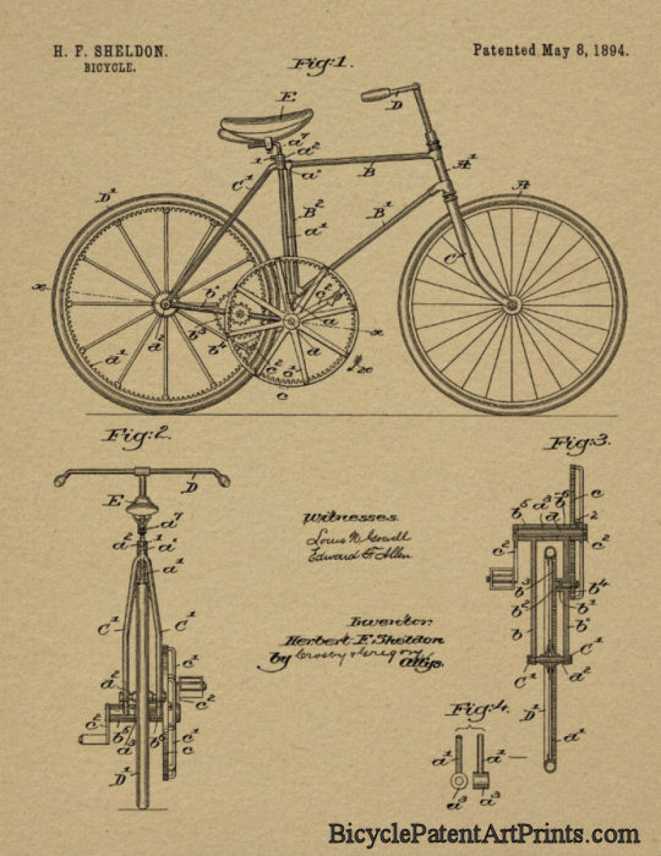 1894 Chainless gear to gear drive bike patent drawing