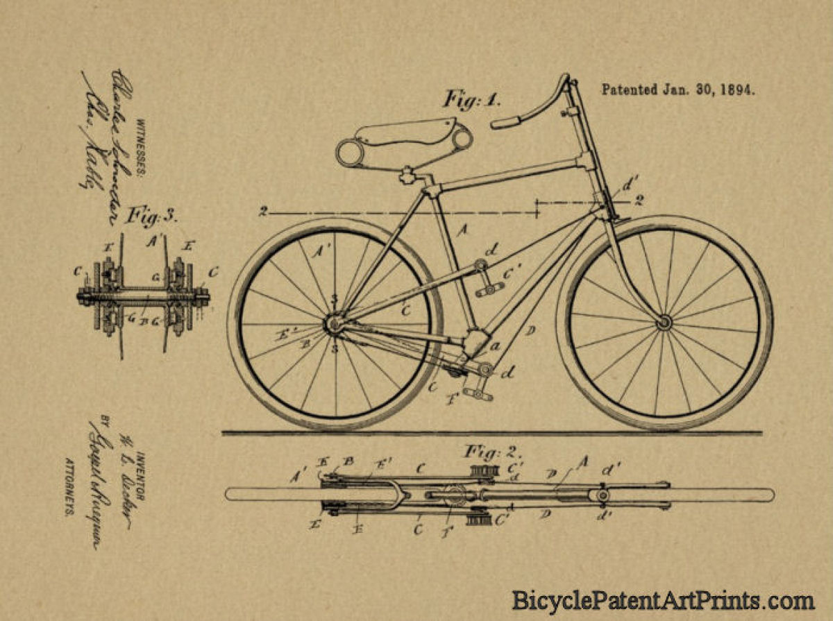1894 Propelled by levers attached to rear hub vintage bicycle patent drawing