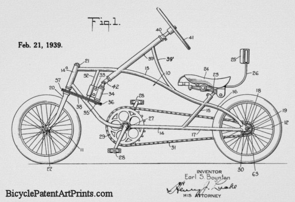 1939 Recumbent cycle with gear and chain steering front wheel