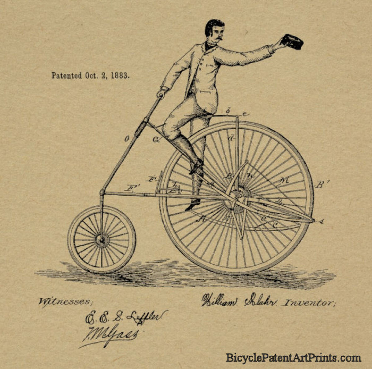 1883 Man on high wheeler waving his hat